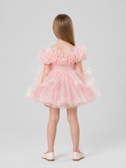 Festive Sequin Dress with Full Tulle Skirt back view