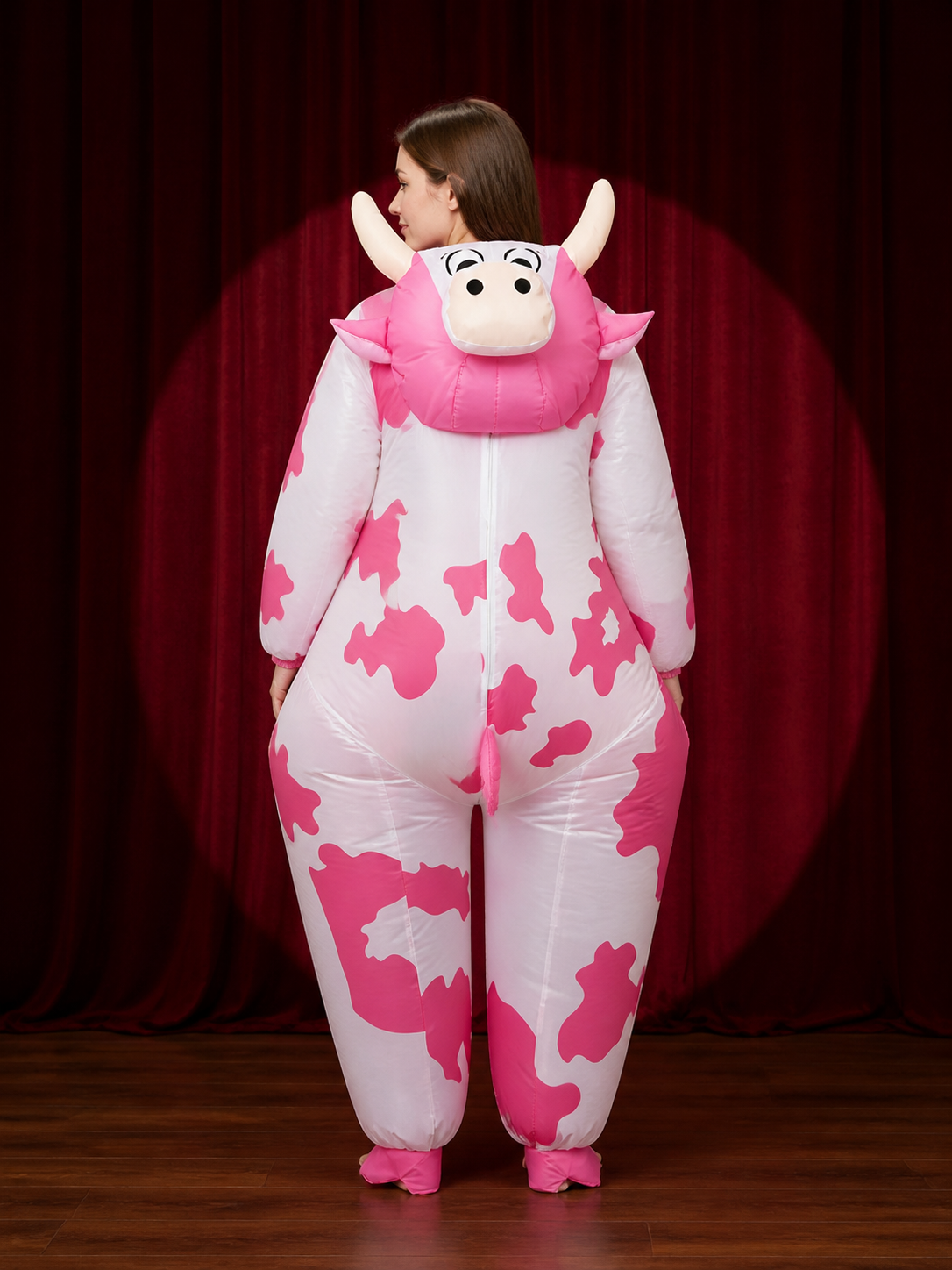 Pink Cow Inflatable Costume, Hooded Animal Outfit for Halloween Party back view