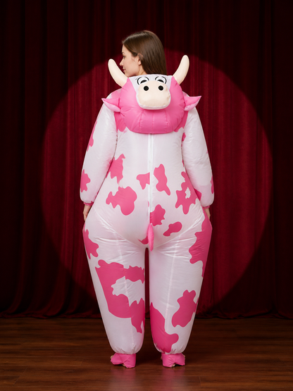Pink Cow Inflatable Costume, Hooded Animal Outfit for Halloween Party back view