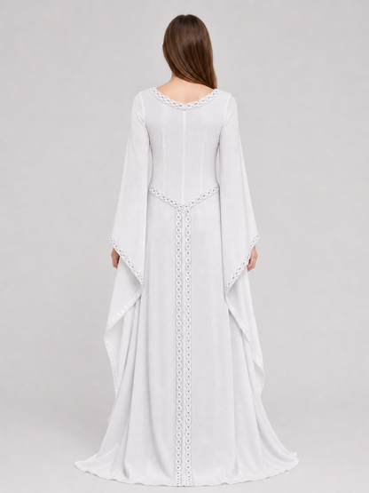 White Maxi Dress with Embroidery and Flared Sleeves