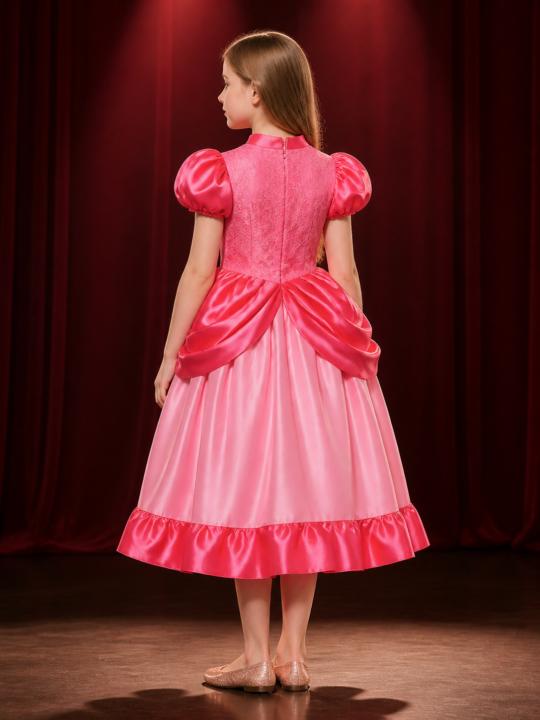 Kids Pink Princess Halloween Costume Dress, Lace Ball Gown with Ruffles back view
