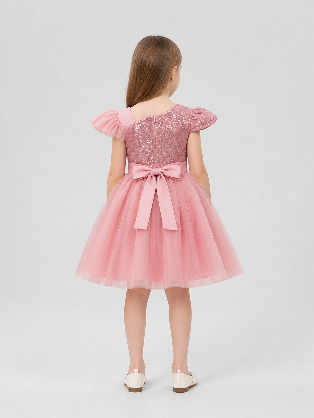 Princess Dress with Sequins, Full Skirt, and Bow back view