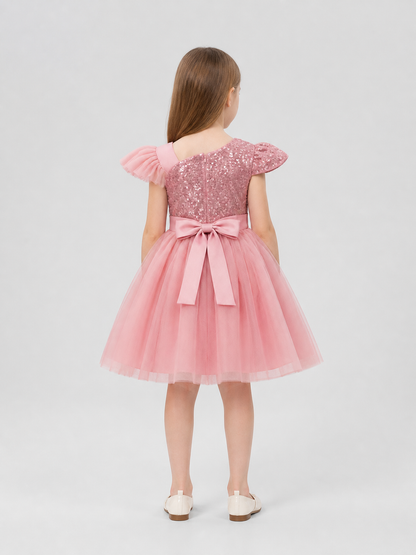 Princess Dress with Sequins, Full Skirt, and Bow back view
