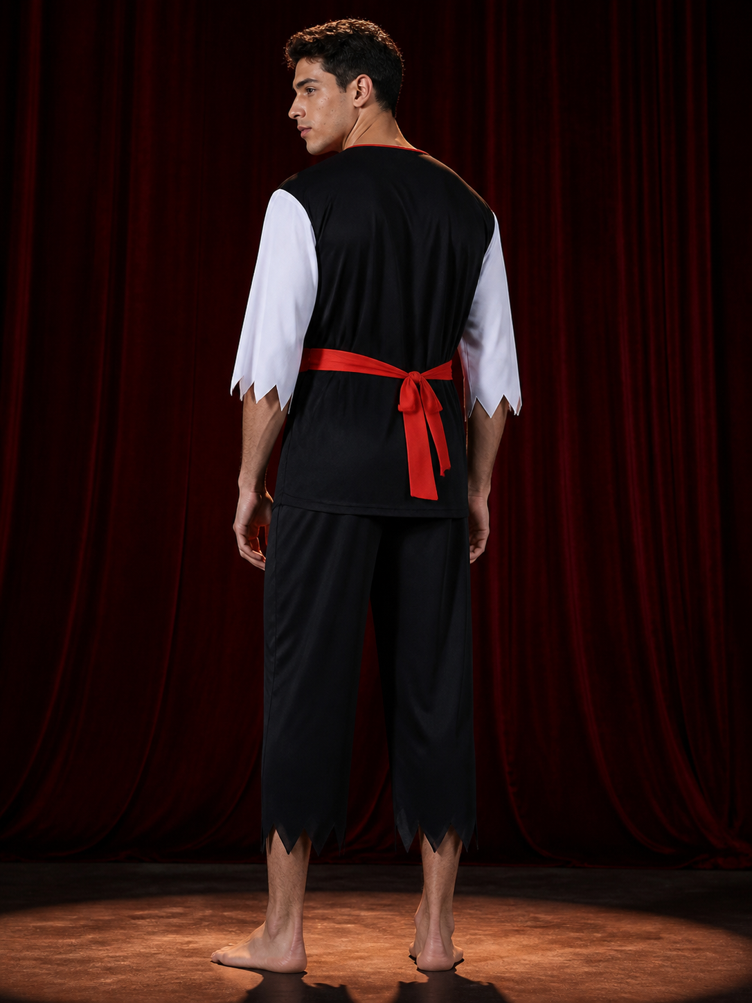 Pirate Costume Set for Adults, Skull Print Black and Red Striped Top and Pants back view