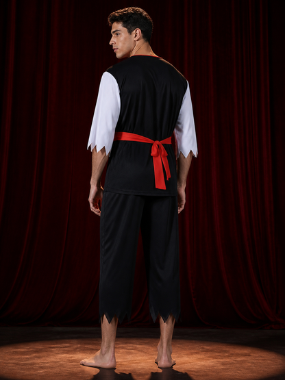 Pirate Costume Set for Adults, Skull Print Black and Red Striped Top and Pants back view