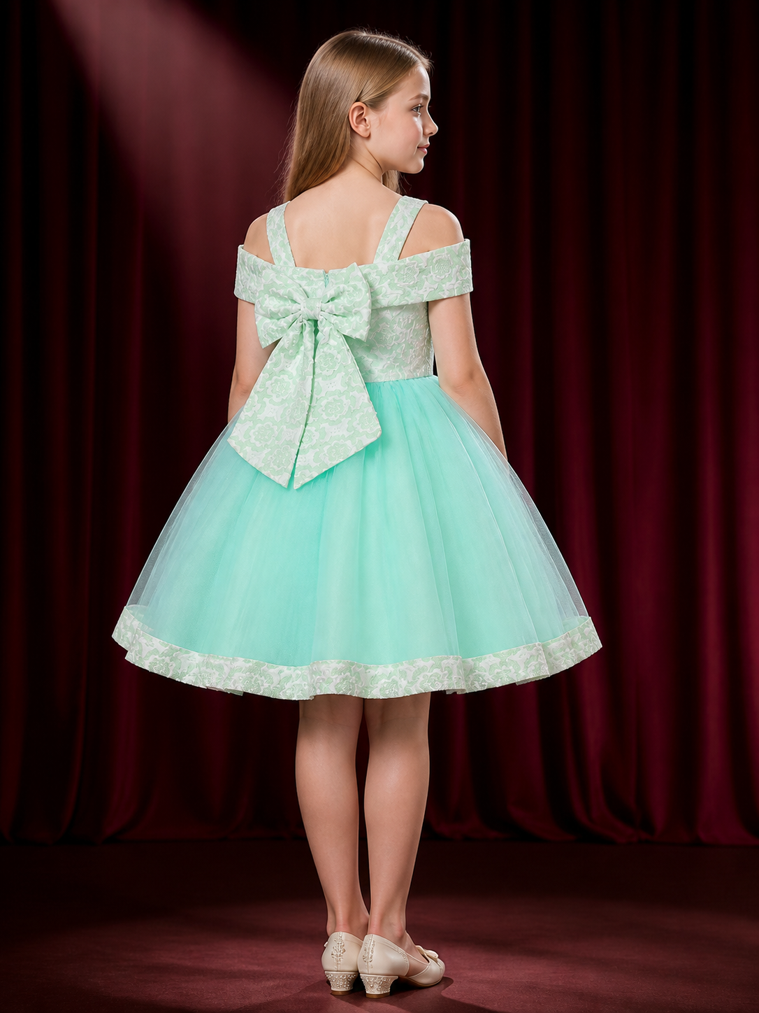 Girls' Mint Green Princess Dress with Large Bow and Jacquard Tulle Skirt back view