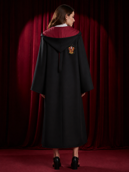 Black Hooded Wizard Robe Costume Set with School Crest, Hat, Tie, Scarf back view