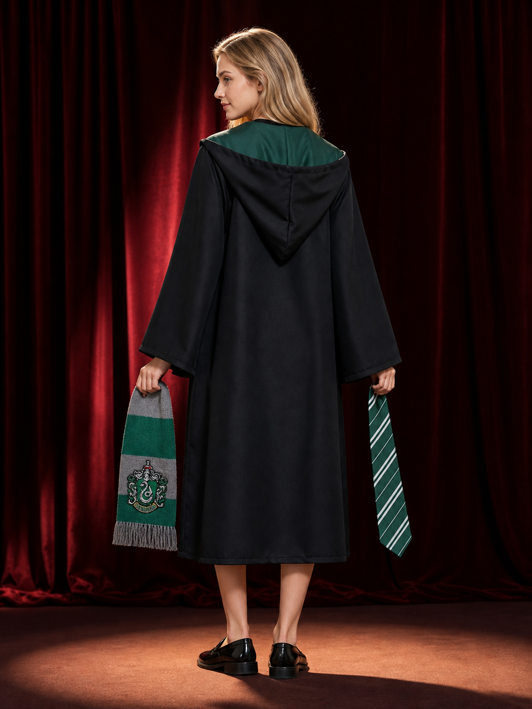 Slytherin Hooded Wizard Robe Costume Set with Tie and Scarf - Green Gray back view