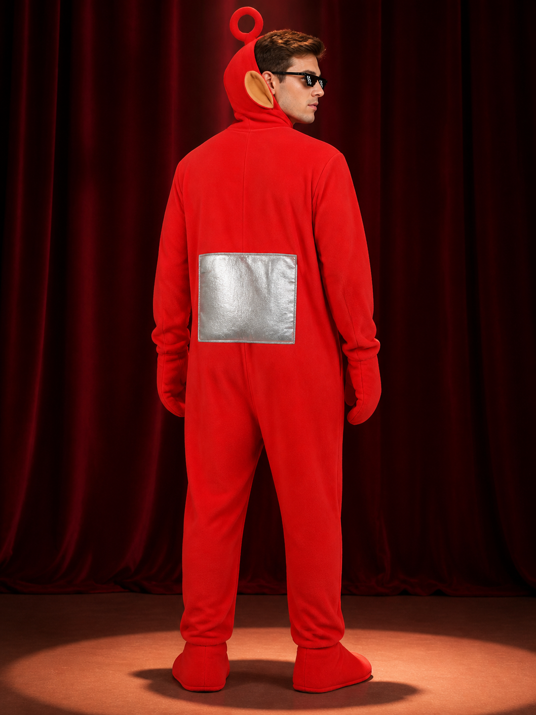 Adult Teletubbies Po Costume, Red Hooded Footed Jumpsuit with Ring Antenna and back view