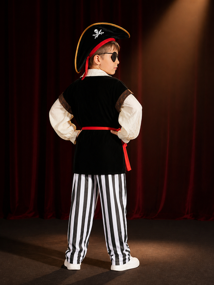Kids Pirate Costume Set with Hat, Eye Patch, Striped Pants & Skull Print Top back view