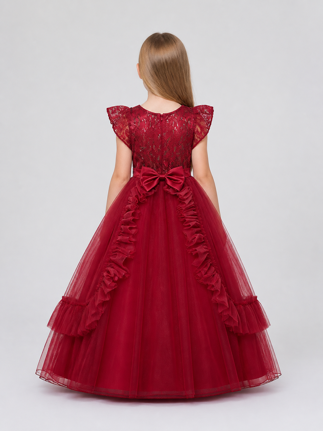 Long Burgundy Princess Dress with a Tulle Skirt back view