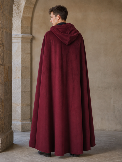 Long burgundy carnival cloak with hood