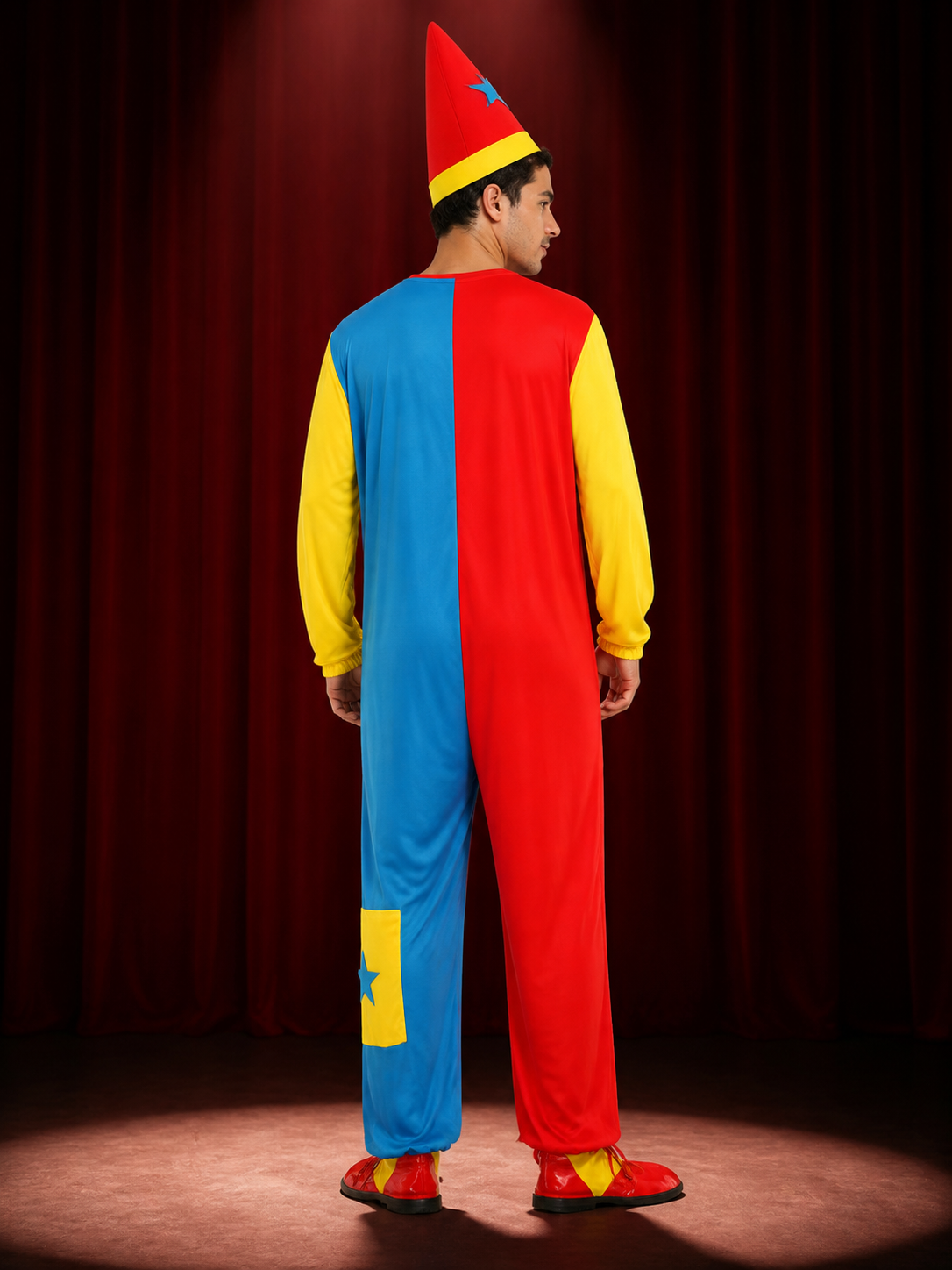 Unisex Clown Jumpsuit Costume Set With Pointed Hat And Star Decorations For back view