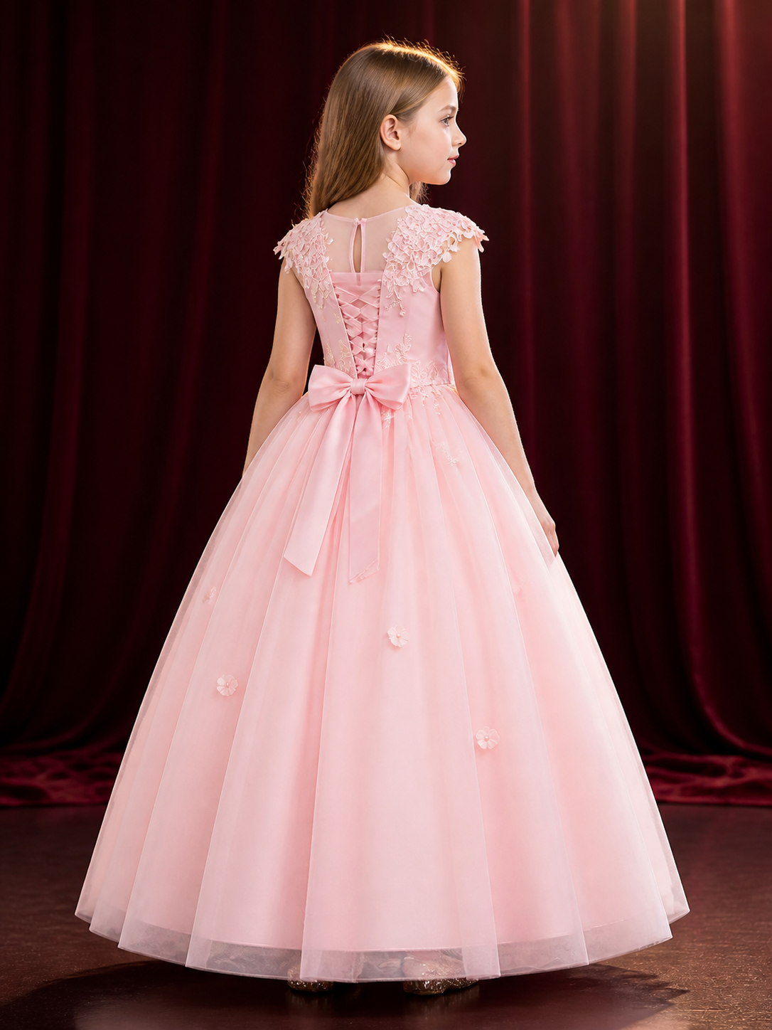 Girls' Pink Flower Girl Princess Dress With Floral Lace and Puffy Skirt back view