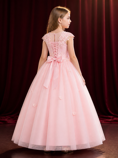 Girls' Pink Flower Girl Princess Dress With Floral Lace and Puffy Skirt back view