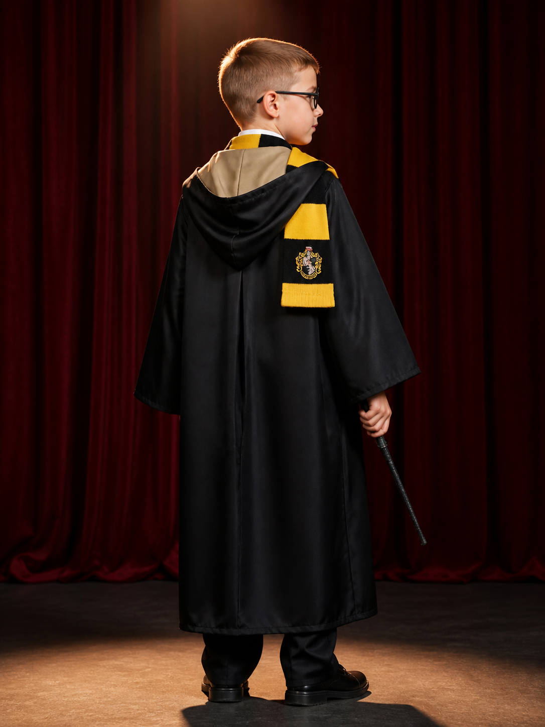 Hufflepuff Wizard Costume Set, Hooded Robe With Striped Scarf, Tie, Glasses & back view