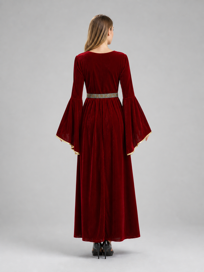 Burgundy Themed Dress with Flared Sleeves back view