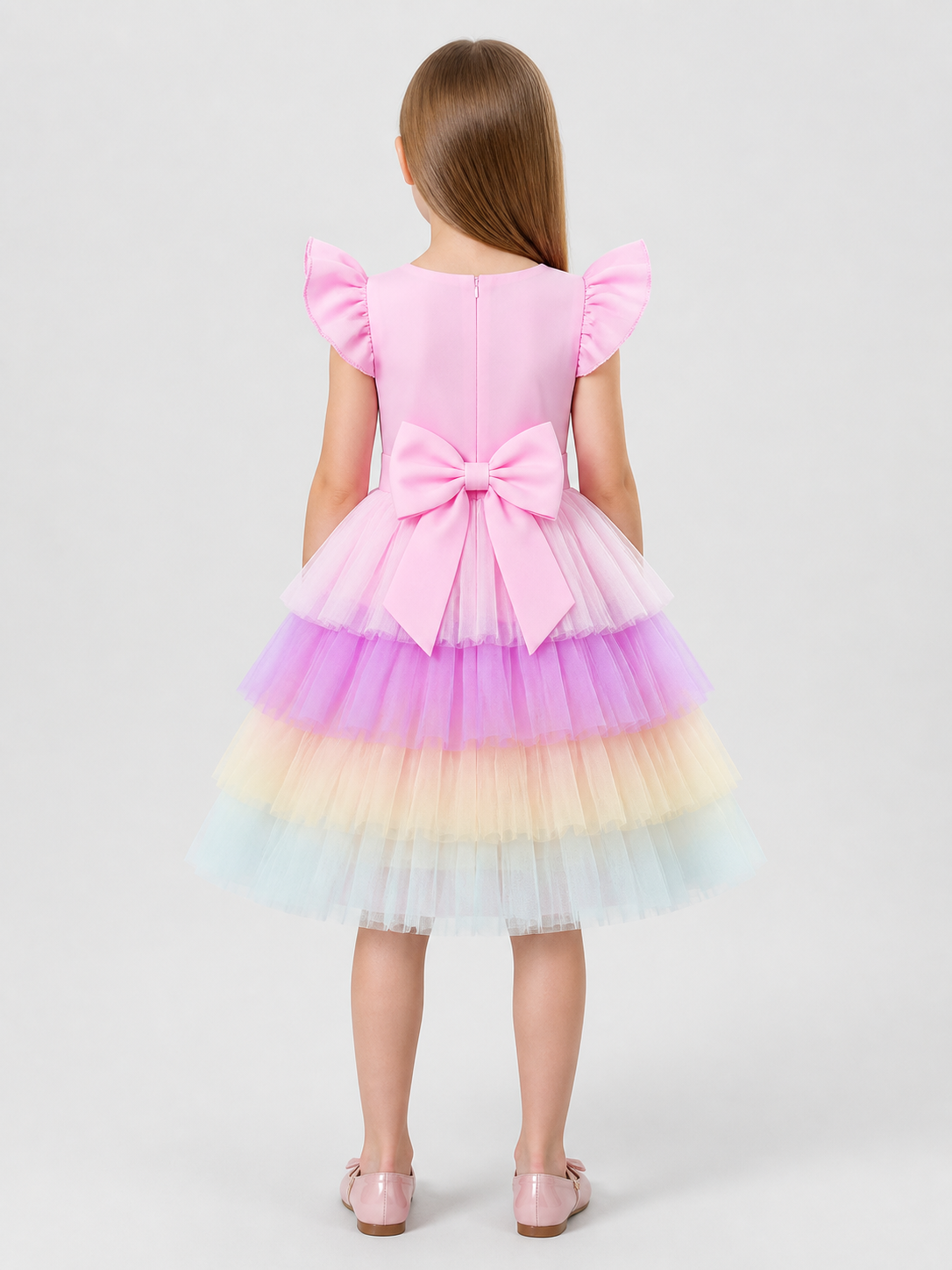 Children's Princess Dress with Rainbow Tulle Skirt back view