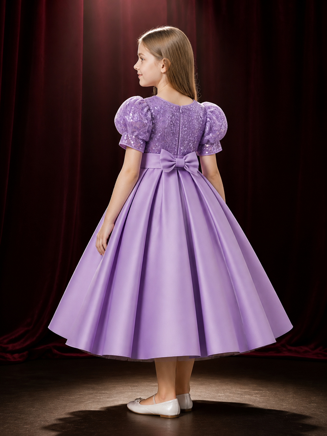 Toddler Girls' Light Purple Sequined Princess Dress with Puff Sleeves and Bow back view