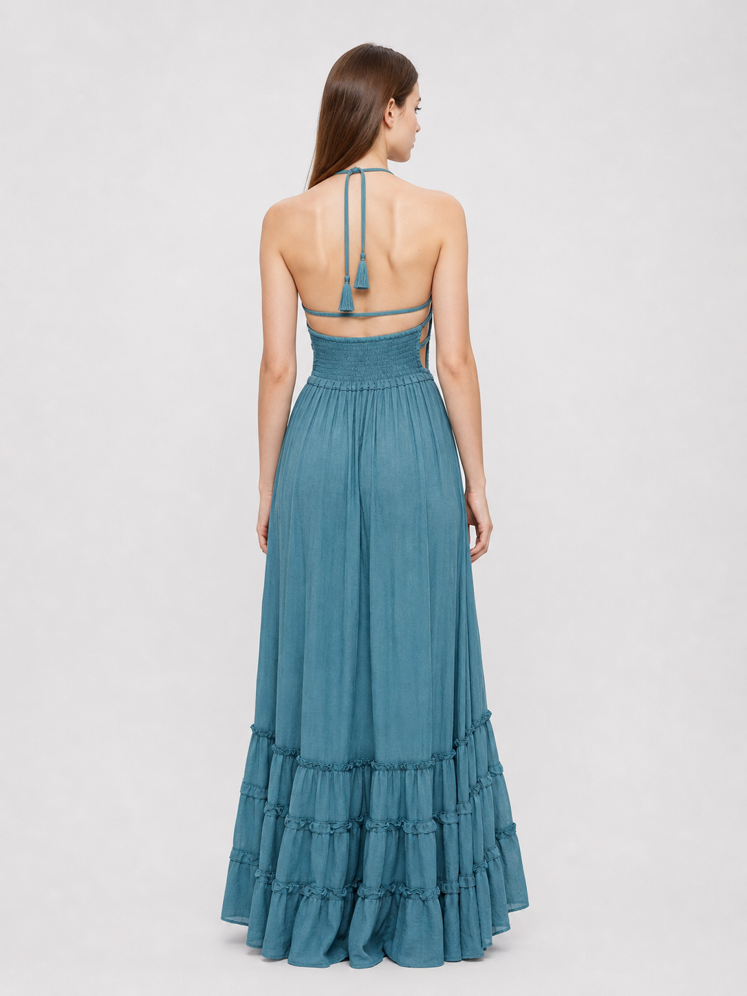 Boho Maxi Dress with Open Back and Tiered Ruffles