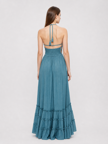 Boho Maxi Dress with Open Back and Tiered Ruffles