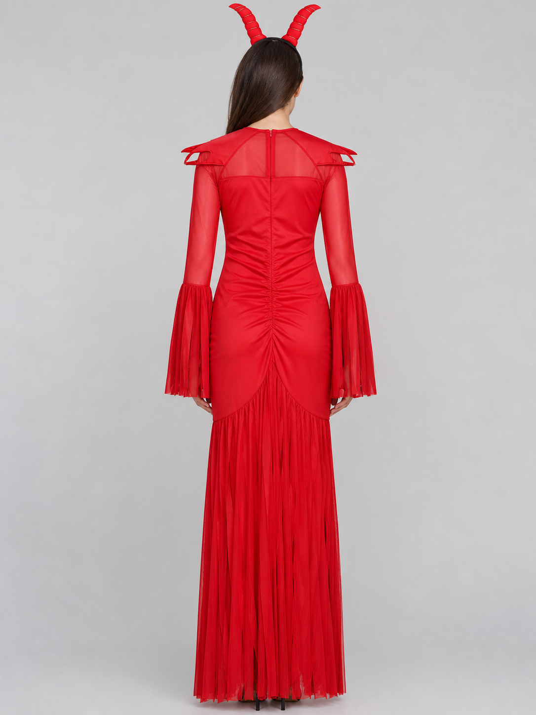 Demon Costume with Horns, Red Mesh Dress