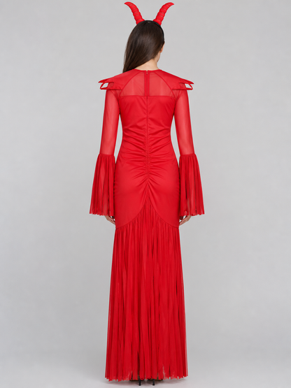 Demon Costume with Horns, Red Mesh Dress