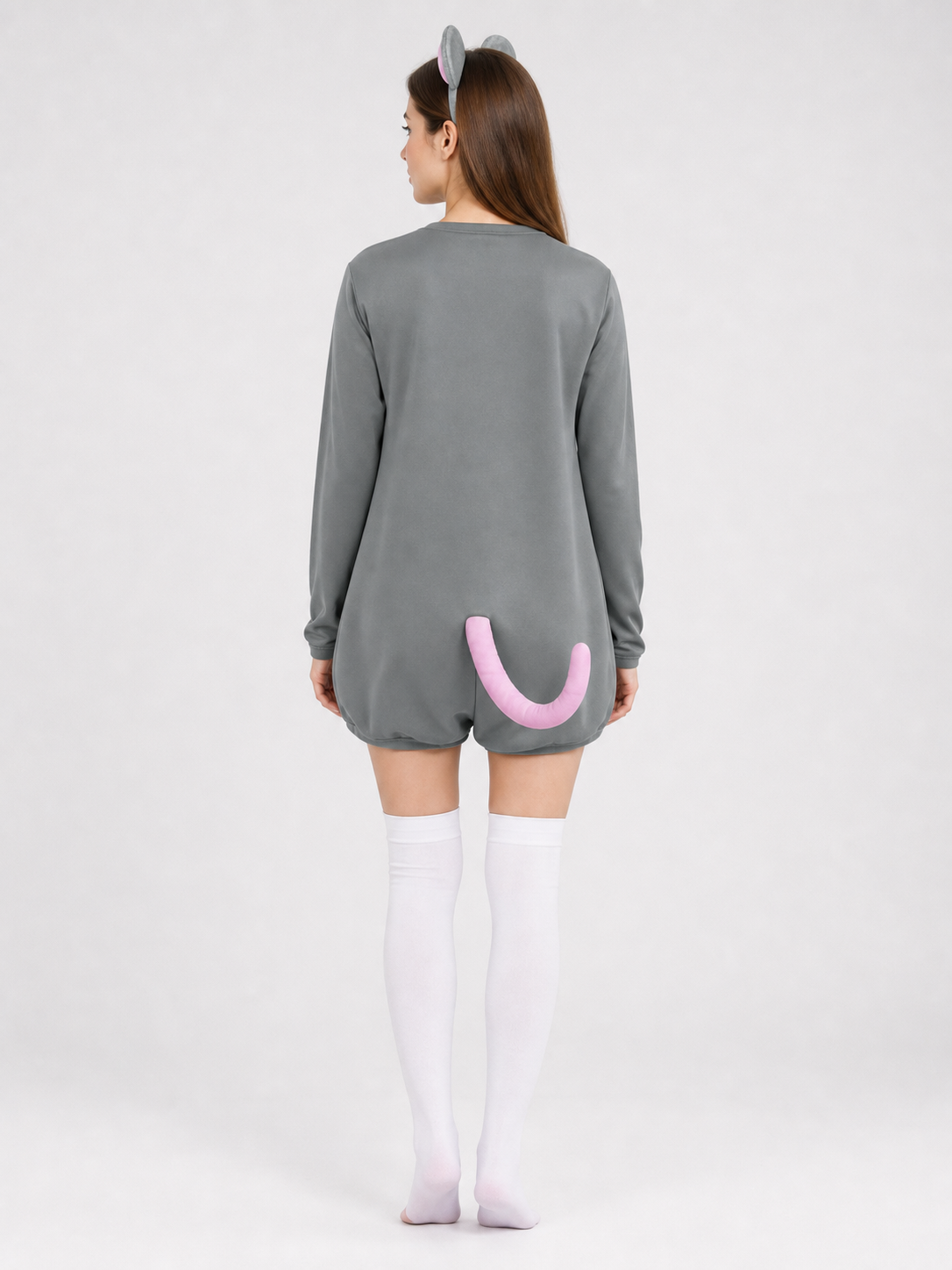 Adult Gray Mouse Costume Set with White Belly, Pink Tail and Mouse-Ear Headband for Costume Parties, Cosplay and Themed Events