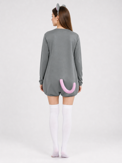 Adult Gray Mouse Costume Set with White Belly, Pink Tail and Mouse-Ear Headband for Costume Parties, Cosplay and Themed Events