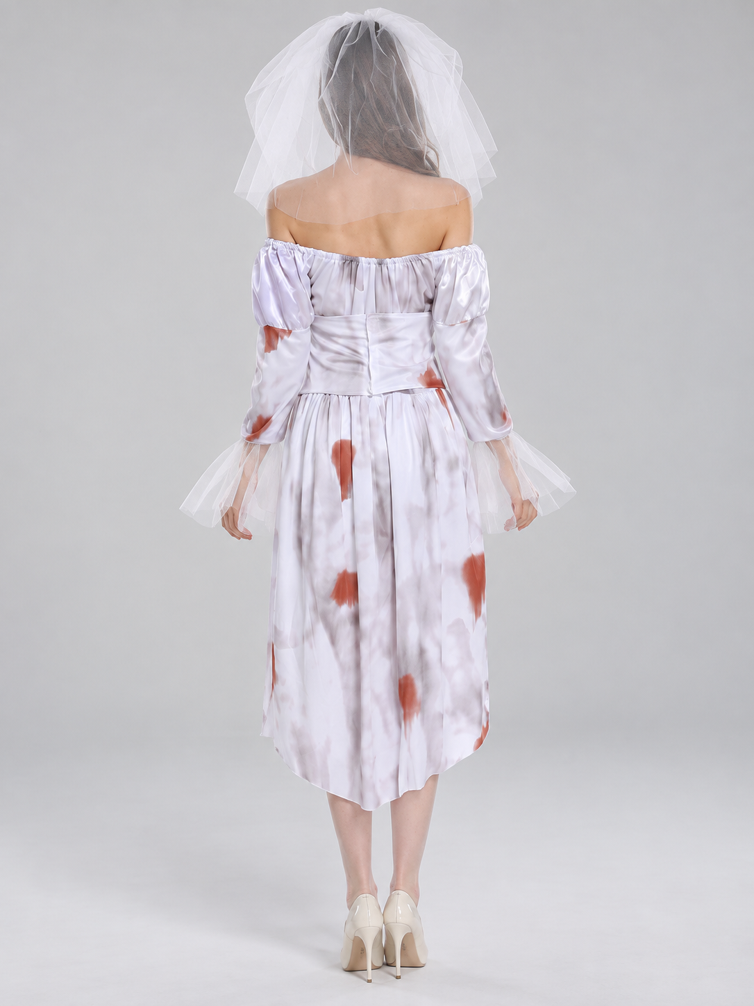Ghost Bride White Carnival Costume with Veil and Belt