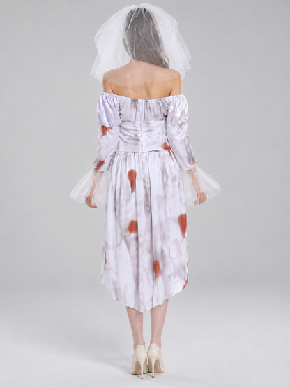 Ghost Bride White Carnival Costume with Veil and Belt