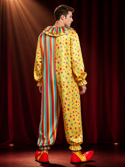 Unisex Adult Clown Jumpsuit Costume, Colorful Striped & Polka Dot One-Piece back view
