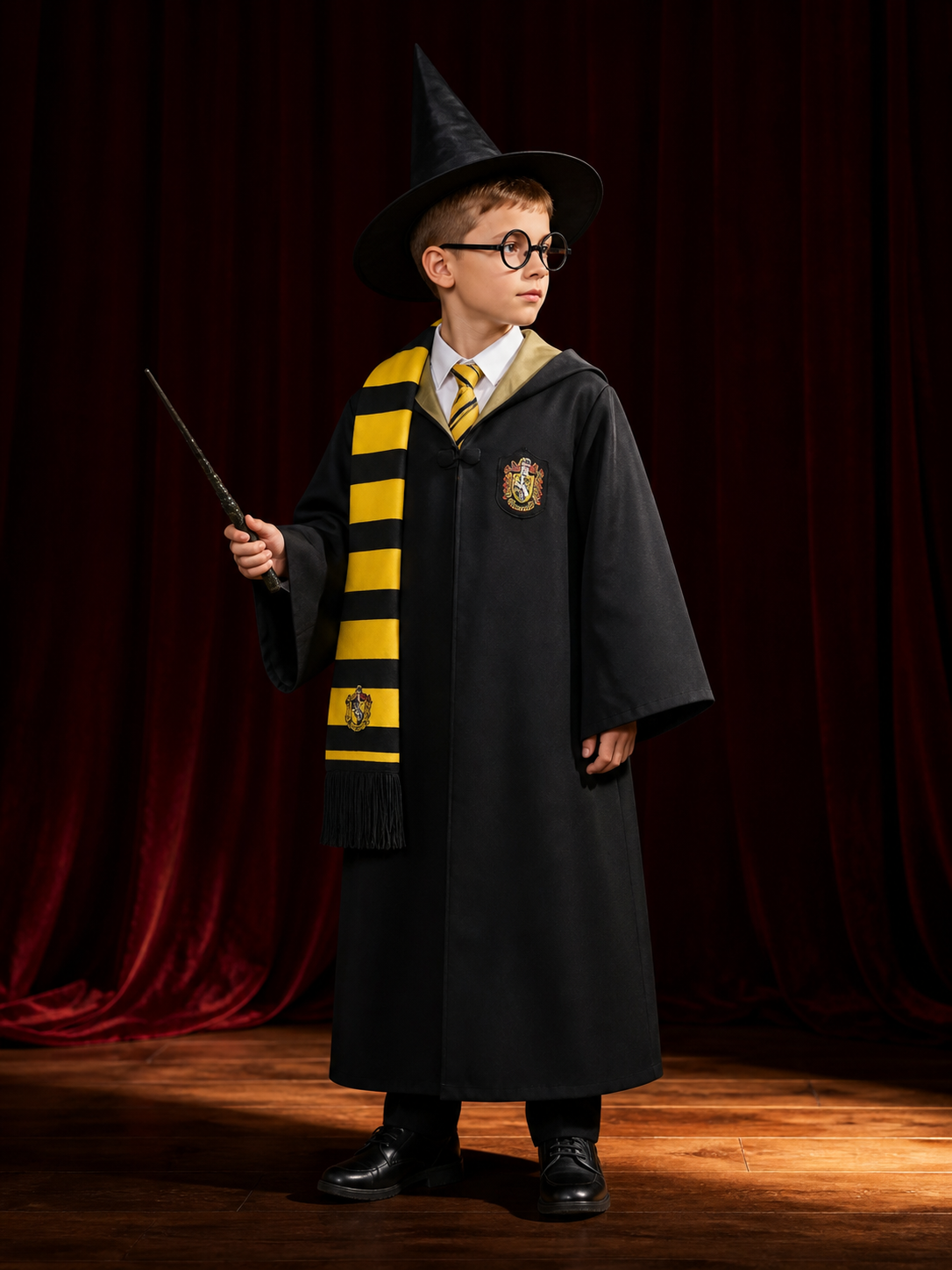 Wizard Costume Set, Hooded Robe With Shirt, Tie, Scarf, Hat, Glasses And Wand back view