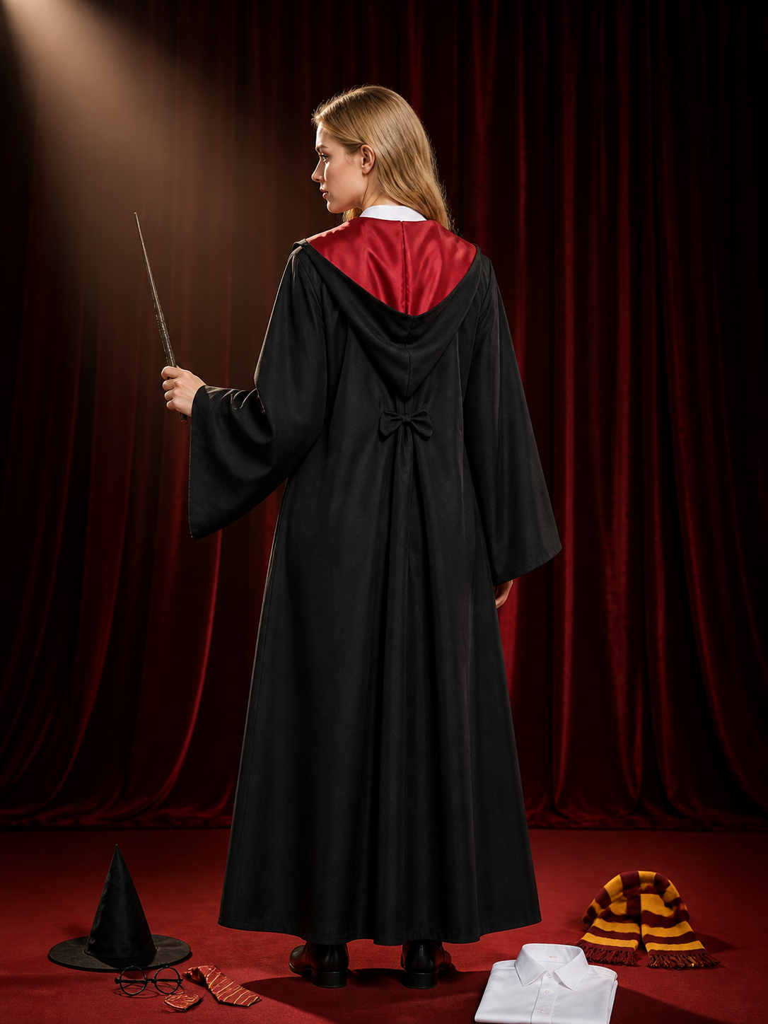 Red and Black Wizard Cosplay Robe Costume Set with Hat, Glasses, Wand, Tie back view