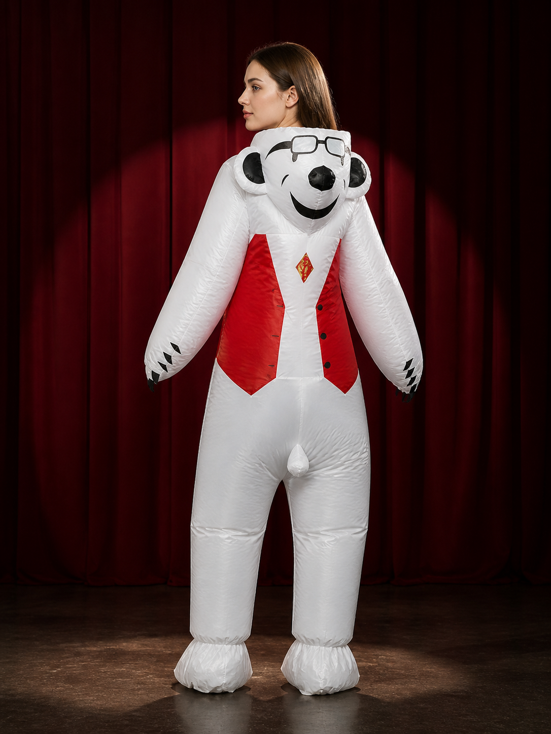 Unisex White Polar Bear Animal Onesie Costume with Red Vest Front and Black back view