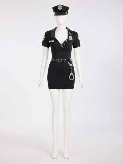 Women's Black Police Costume Set, Short Dress With Hat, Belt And Handcuffs back view