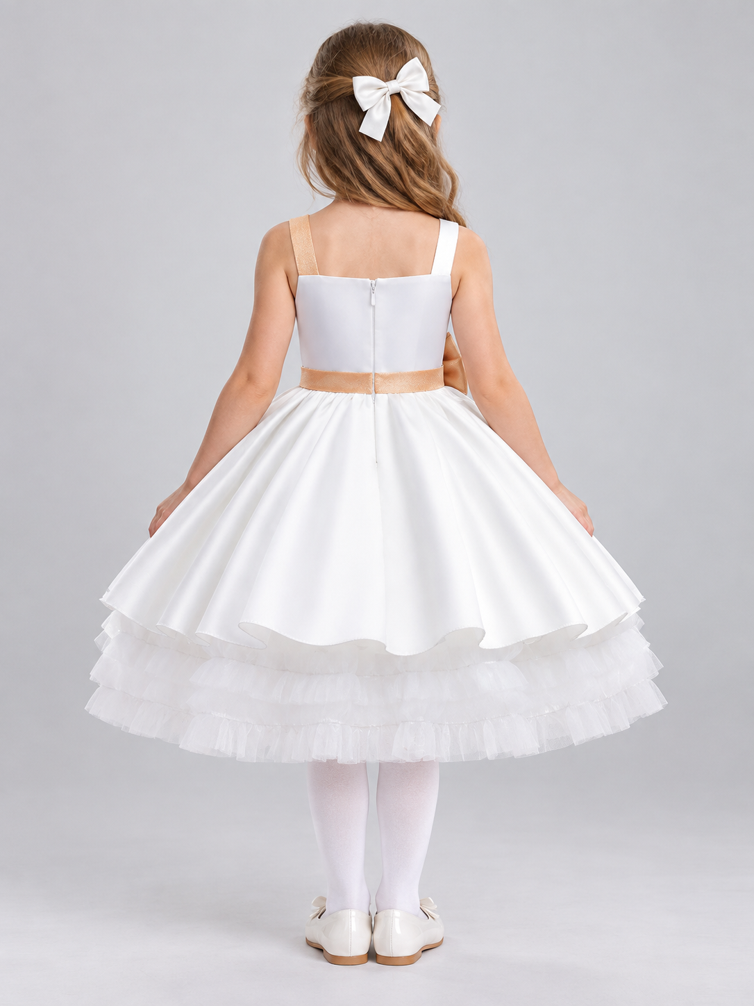 White Girls' Party Dress with Gold Bow