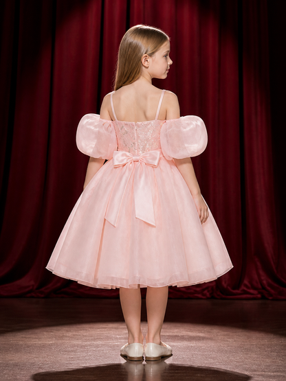 Baby Girls' Pink Princess Dress With Puff Sleeves, Sequin Floral Bodice and back view