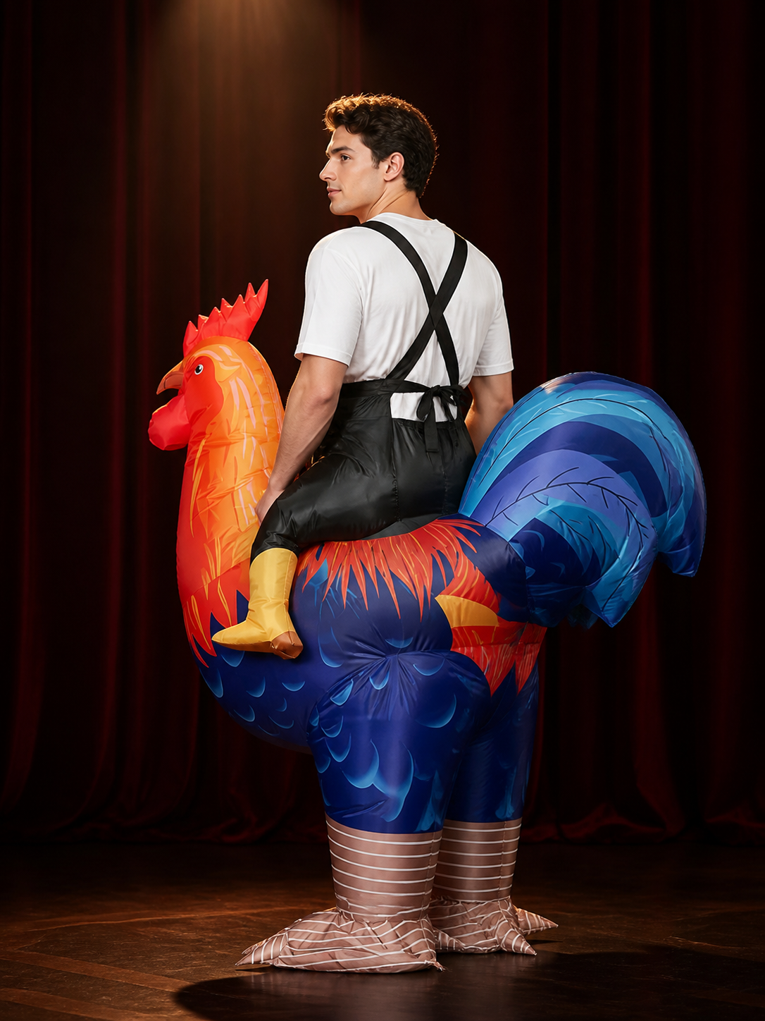 Adult Rooster Costume With Large Tail And Red Comb, Feather Texture Halloween back view