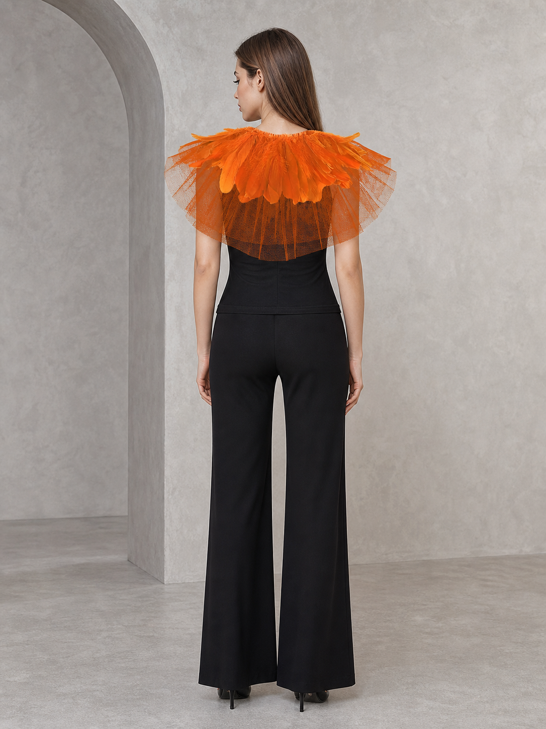Orange Feather Mesh Shawl, Short Sheer Shoulder Cover With Radiating Feather Trim Around Neckline, Single Piece Accessory