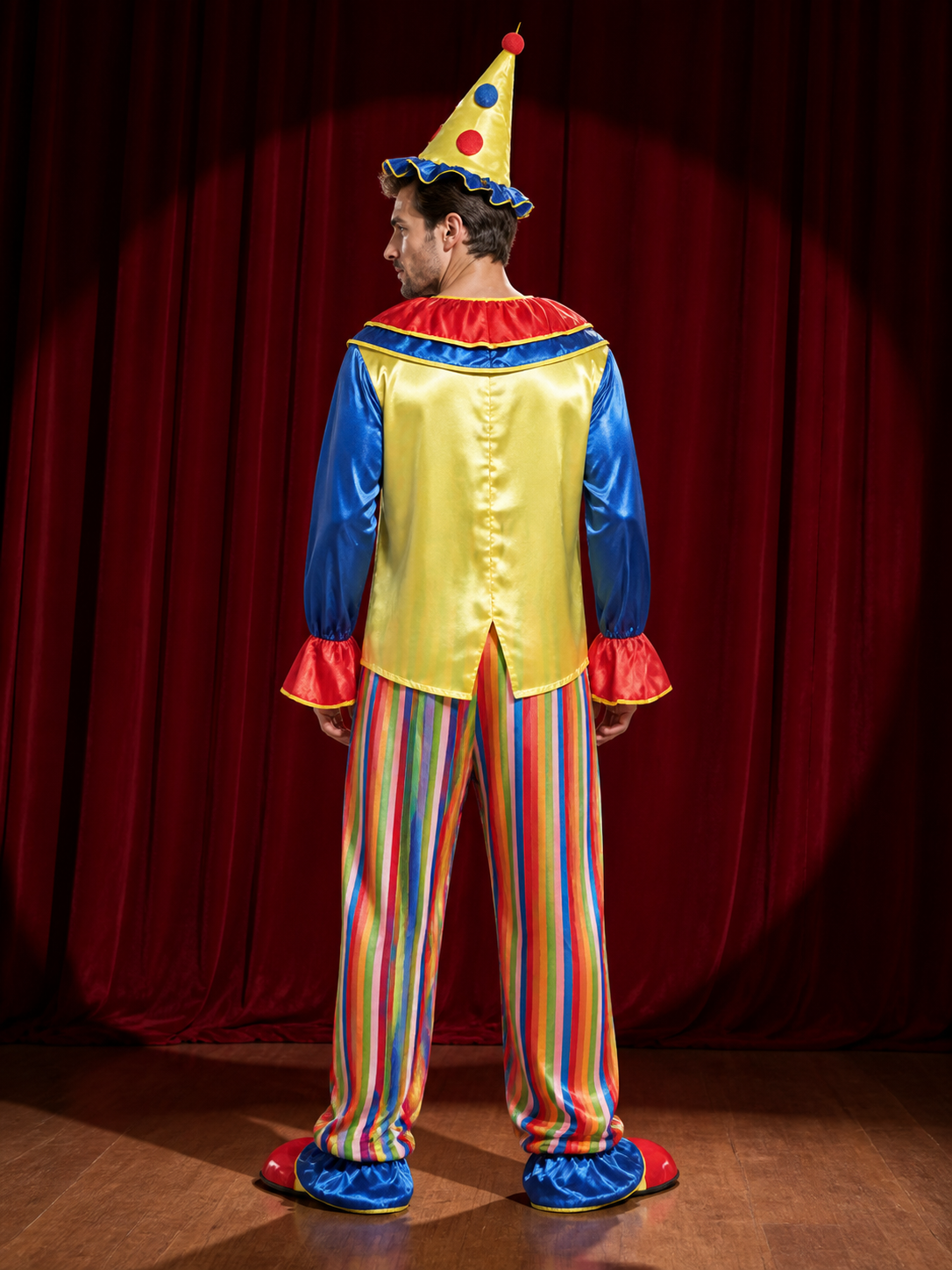 Unisex Adult Clown Costume Set, Striped Jumpsuit with Polka Dot Top and Jester back view