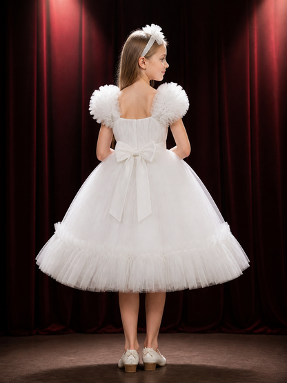 Toddler Girls' White Princess Dress with Puff Sleeves, Tulle Skirt and Bow back view