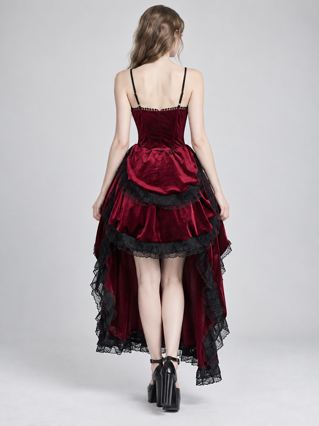 Red Gothic-Style Velvet Dress with Lace