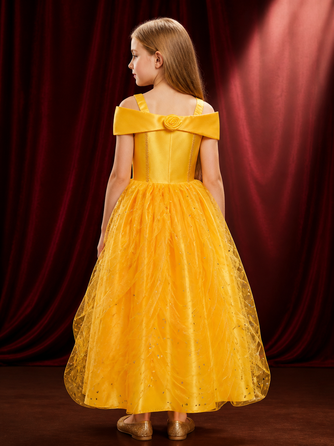 Girls Gold Yellow Sequined Tutu Princess Dress with Bow and Rose, Halter Neck