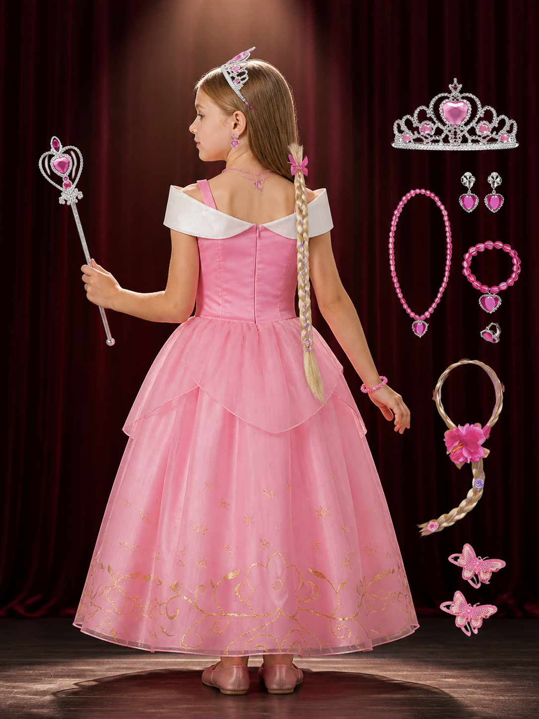 Girls Princess Costume Set with Sequined Tulle Dress, Crown, and Magic Wand for back view