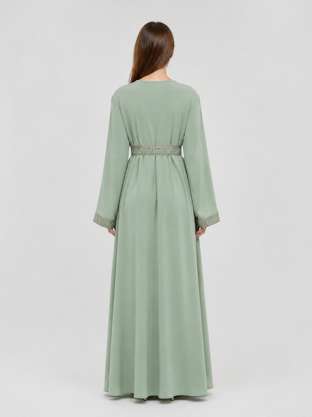 Light Green Embroidered Dress with Tie Belt back view