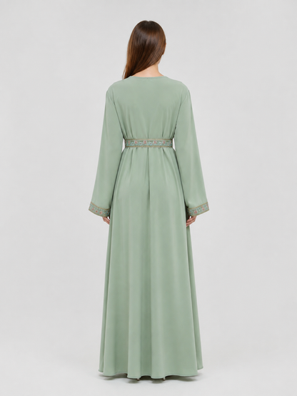 Light Green Embroidered Dress with Tie Belt back view