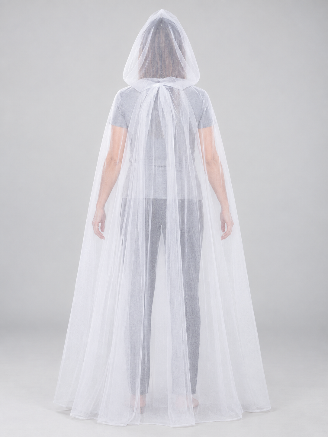 White Long Mesh Hooded Cape with Bow