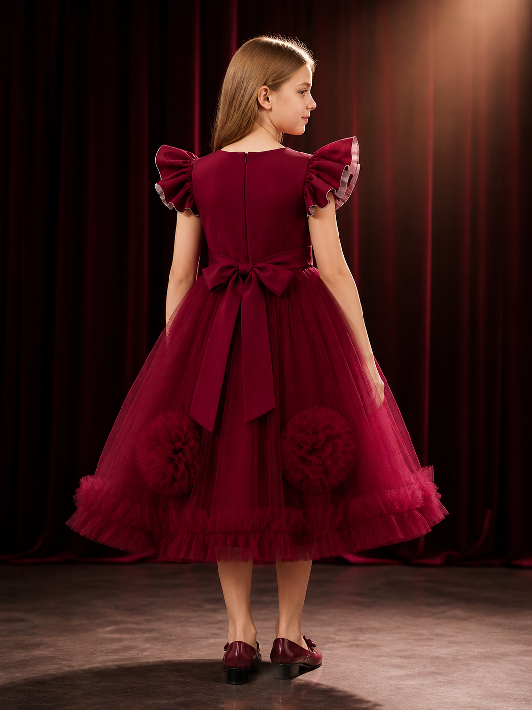 Girls' Maroon Princess Party Dress with Layered Tulle Skirt and 3D Flowers back view
