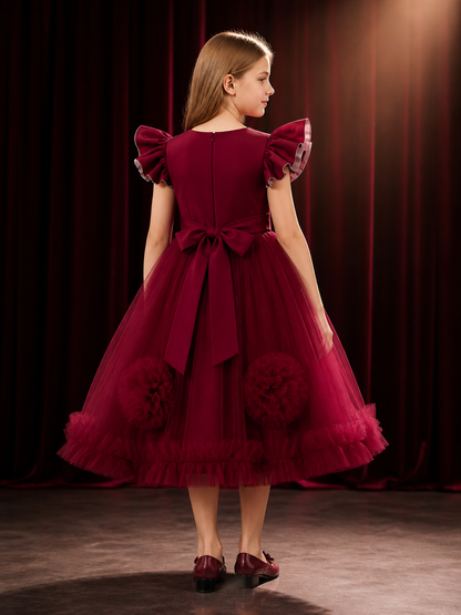 Girls' Maroon Princess Party Dress with Layered Tulle Skirt and 3D Flowers back view